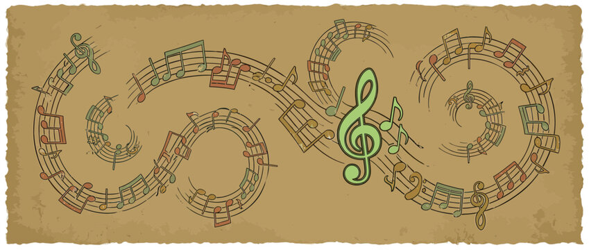 Musical Notes Swirl with Treble Clef on Sepia Background