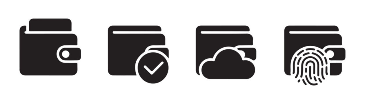 Set of wallet icons featuring cloud storage checkmark and fingerprint for secure mobile banking.
