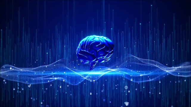 Blue artificial intelligence brain neural wave, security icons, data lines, glowing digital depth. AI explainers, cyber security videos, medical tech promos, research visuals, innovation reels.