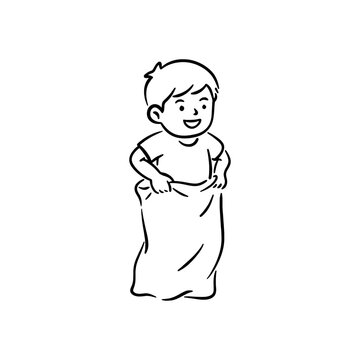 Happy boy jumping in sack race doodle vector illustration. Indonesian traditional independence day game, balap karung, hand drawn line art