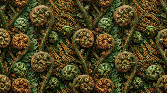 Intricate green fern fiddleheads arranged in a dense botanical pattern featuring vibrant natural earth tones