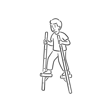 Line art vector of a boy playing egrang or traditional Indonesian bamboo stilts, a classic outdoor folk game for independence day celebration