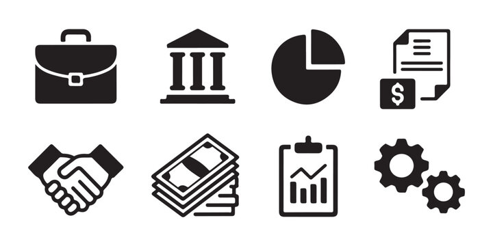Financial operations icon set with cash stack briefcase handshake and analytics report symbols.