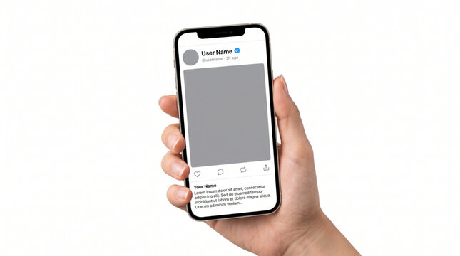 Smartphone Social Media Post Mockup featuring a Hand Holding Phone with Blank Twitter X Interface UI UX Template on White Background including Verified Profile Badge and Feed Layout Icons Mock up