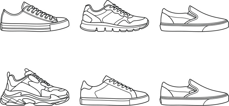 Casual Sneakers Collection Vector Outline Shoes Set with Different Footwear Styles