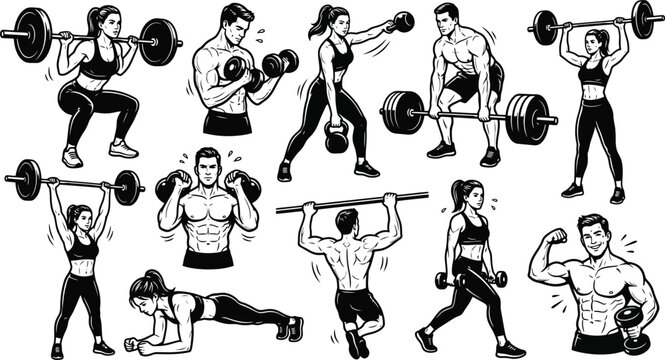 Gym Workout Exercise Vector Collection with Weightlifting Strength Training and Fitness