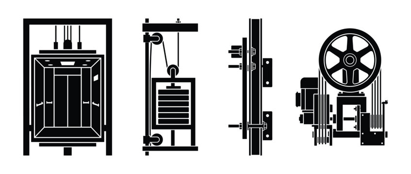 Set of elevator mechanical parts and lift system components for building construction.