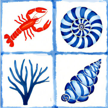 marine illustrations with lobster and seashells in blue color