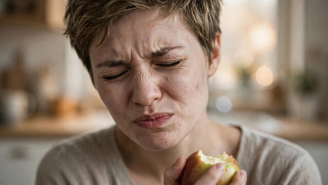 A woman biting into an apple and recoiling in dental pain, eyes shut, lips clenched, acute toothache, oral discomfort, healthy food struggle, commercial stock