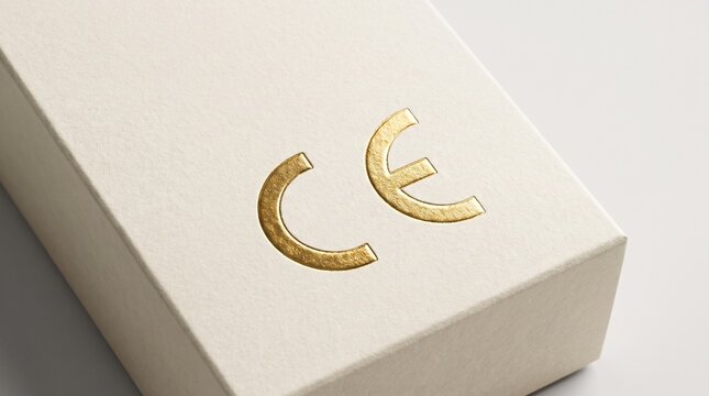 Gold embossed CE mark on a luxury white cardboard box packaging, signifying European health and safety standards compliance