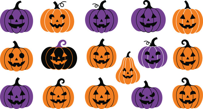 Festive halloween jack o' lanterns orange purple pumpkins for spooky decorations