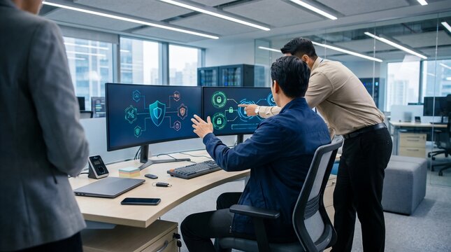 Cybersecurity Analysts Monitoring Network Protection Dashboard in Modern IT Office