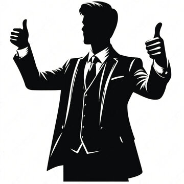 black silhouette of successful businessman showing thumbs up gesture positive