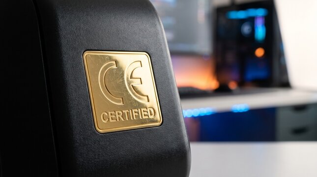 Gold CE certified label on a black electronic device representing product safety and compliance