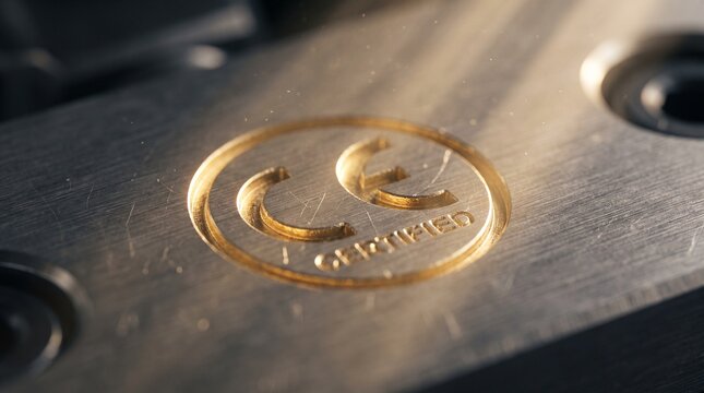 Close-up of an Engraved CE Certification Mark on a Brushed Metal Industrial Component for Quality Assurance
