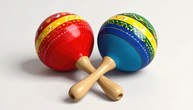 Two vibrantly colored, ornate handheld percussion instruments crossed