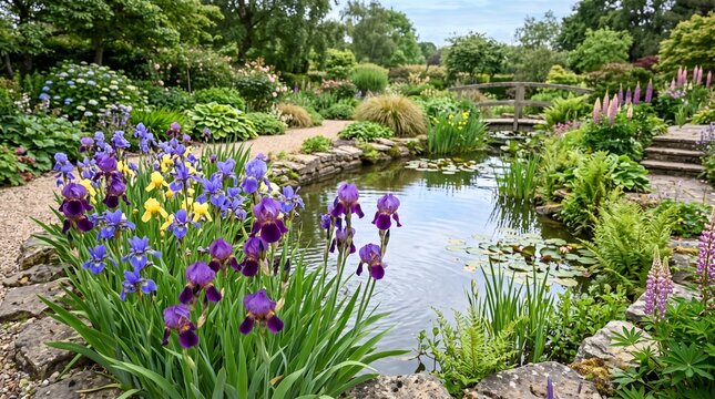 Vibrant iris flowers bloom beside a tranquil garden pond with a wooden bridge