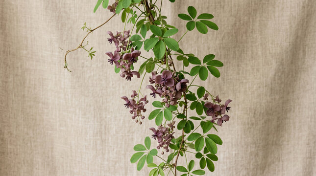 Delicate purple akebia flowers hanging gracefully on a thin stem against a neutral textured fabric background