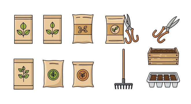 Gardening Essentials Collection - Seeds, Fertilizers, Tools, and Planters for Cultivating Plants.