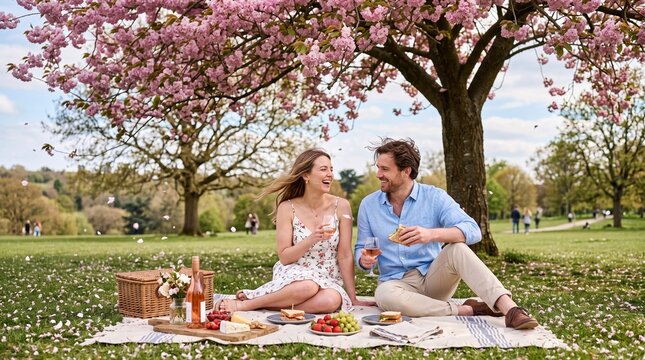 Couple enjoys a romantic picnic date under a blooming cherry blossom tree in spring
