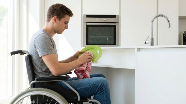 Man in wheelchair drying a plate in kitchen. Disabled person doing household chores at home.