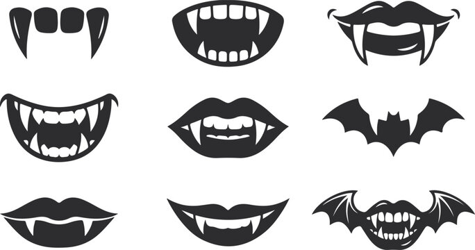Set of vampire mouths and fangs, halloween icons