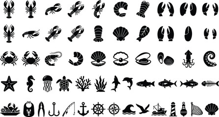  Seafood and Marine Life Solid Black Silhouette Icon Set featuring Lobsters Crabs Shrimp Sea Shells Fish Nautical Anchors and Lighthouse Vector Designs © Himel