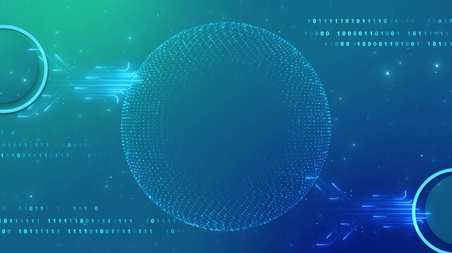 Digital data sphere technology dotted blue globe, binary code, circuit lines, teal gradient, glowing tech details. AI , network screens, science promos, software intros, cyber visuals, data motion