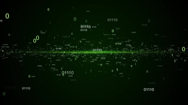 Green binary code floating digits, glowing data stream, dark matrix space, futuristic programming style. hacker , software intros, cyber security screens, encryption visuals, digital motion loops.