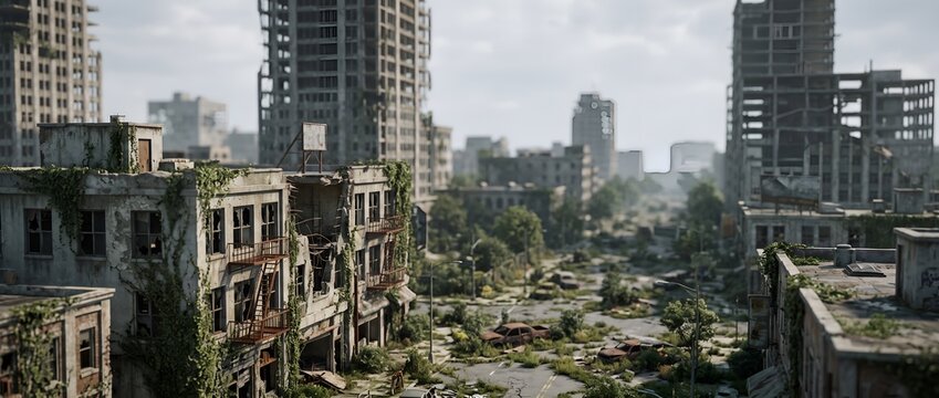 Abandoned city street with ruined buildings in a post-apocalyptic world