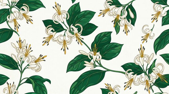 Elegant white honeysuckle flowers with deep green leaves arranged in a beautiful seamless botanical pattern
