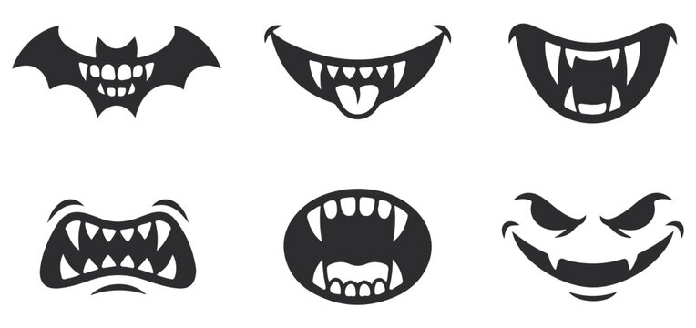 Set of halloween monster mouths and vampire teeth isolated on white background
