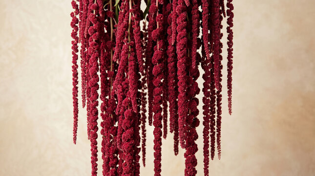 Vibrant deep red hanging amaranthus flowers cascading downwards in a beautiful natural botanical floral display