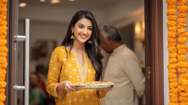 Smiling woman in yellow kurta offers sweets on plate during festive Indian celebration. Woman in traditional Indian attire welcomes guests with plate of sweets, adorned with festive marigold garlands