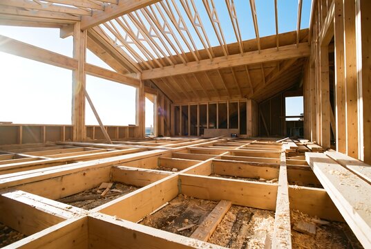 New residential construction of a wooden house frame with exposed beams and rafters, showing the interior structure and framing of a home under construction