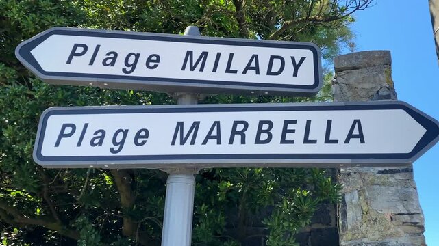 Plage Milady and Plage Marbella road signs in Biarritz, France