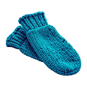 Pair of chunky knitted turquoise mittens in realistic style on white background, concept of winter warmth and handmade knitting craft.