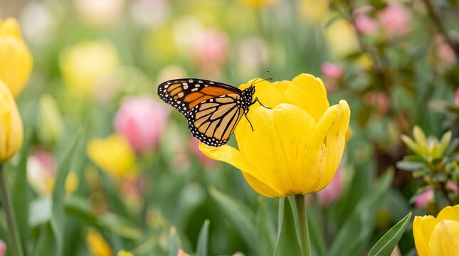 Monarch butterfly rests on a vibrant yellow tulip amidst a field of spring flowers