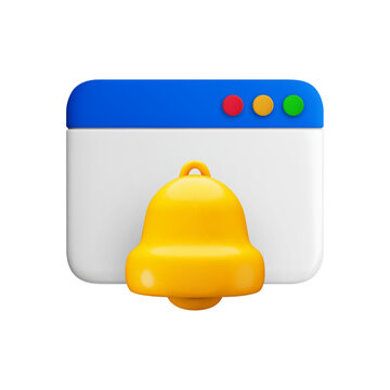 Vector cartoon minimal 3d browser notification illustration. Realistic render of website page window and bell icon on white background for app message, infographic, web popup, important reminder.