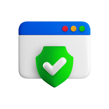 Vector cartoon minimal 3d protected browser concept. Realistic render of website page icon with shield for internet security sign, safe web app, online data protection, cybersecurity icon.
