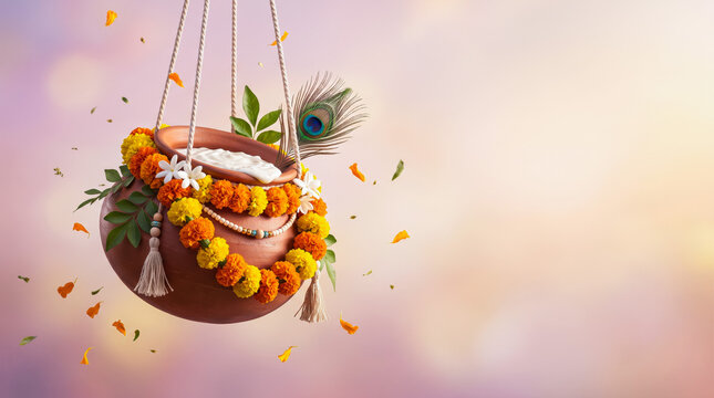 Decorated Earthen Pot Display with Floral Garland Peacock Feather for Krishna Janmashtami Traditional Festive Cultural Background Banner Layout.
