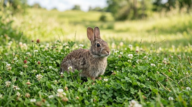 A small wild rabbit sits alertly in a field of clover and wildflowers on a sunny day