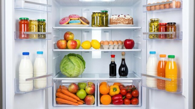Open refrigerator filled with fresh food. Healthy groceries stored inside a modern fridge.