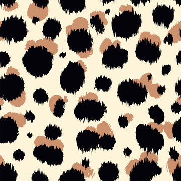 Seamless animal print pattern, hand painted black beige leopard spots on light background. Decorative repeat abstract texture for fabric, textile, wrapping paper, packaging, fashion, surface design