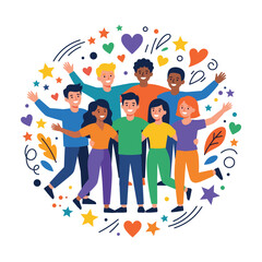 Diverse group of happy friends standing together in unity