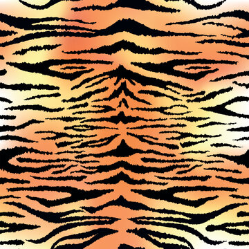 Tiger leather seamless pattern. Vector wild animal skin detailed texture, black stripes fur print on white and orange gradient background. Abstract jungle safari texture for fabric, decor, fashion.
