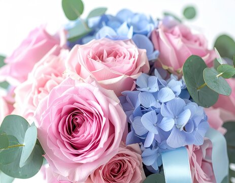 Delicate pink roses and blue hydrangeas with soft greenery and ribbon