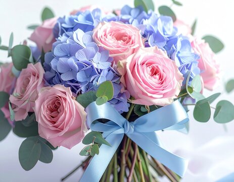 Soft pink roses, blue hydrangeas, and eucalyptus tied with a blue ribbon