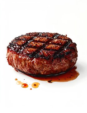 Juicy grilled patty with dark char marks and glistening juices