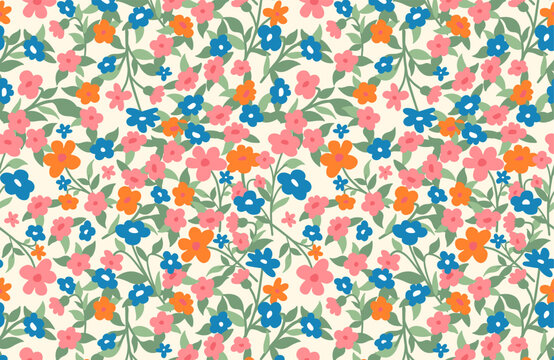 Vector tiny flowers pattern background. Hand drawn color wildflowers, leaves on beige. Cute ditsy floral background. Liberty retro print for wallpaper, summer fabric fashion, decor, backdrop, cover.
